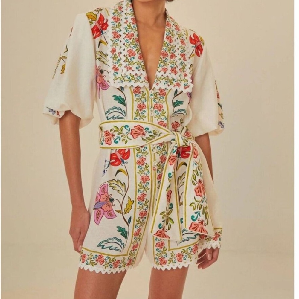 FARM Rio Floral Embroidered Jumpsuit - Cream, Red, Green
